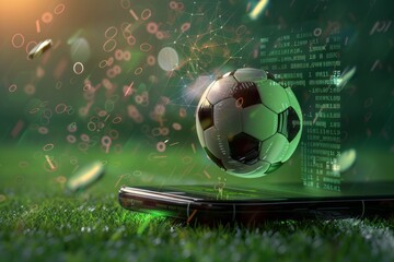 soccer ball appears to emerge from a smartphone screen on a grassy field, symbolizing the integration of technology and sports