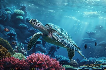 sea turtle swimming with coral reef aigenerated underwater scene