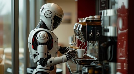 Fototapeta premium A robot of the future is making coffee for guest