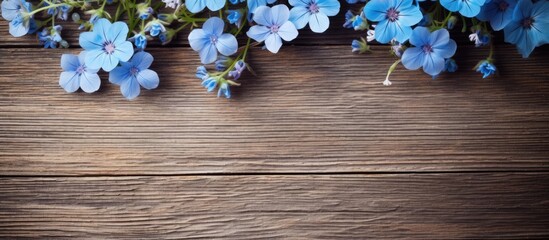 Obraz premium Blue wildflowers lie on natural wooden boards Close up. Creative banner. Copyspace image