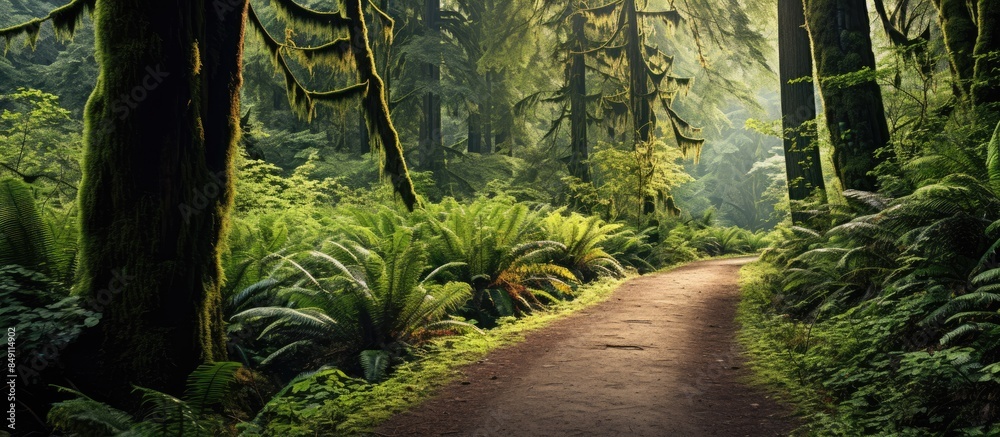 Poster a path through the old trees and ferns. Creative banner. Copyspace image