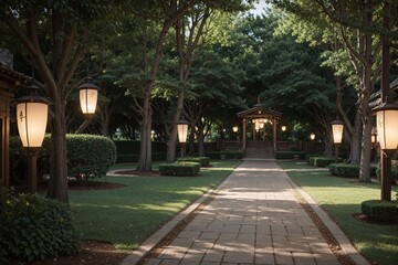 Obraz premium Enchanting park with lanterns and room for captions
