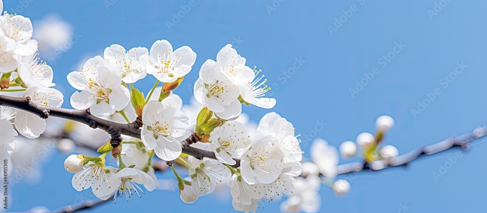 Poster closeup of beautiful white plum blossom on tree in spring afternoon with blue sky in background. cre