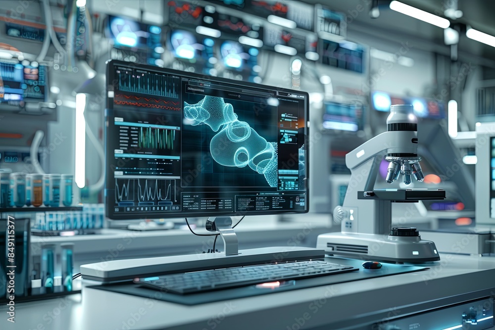Poster a modern medical laboratory features a high-tech scanner analyzing patient data on a large screen, s