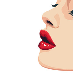 the girl with the bright red lips Applies red lipstick on her plump lips. Advertising lipstick. Illustration for advertising, poster for beauty salon. Cosmetology, makeup artist, beauty. Vector 