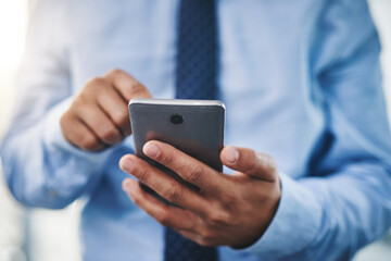 Business, hands and man with cellphone, typing and internet with digital app, professional and connection. Consultant, agent and employee with smartphone, social media and contact with website info