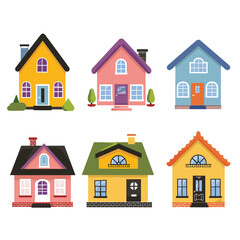 Set six colorful cartoon houses, different architecture styles. Suburban homes collection, flat design. Residential houses, vector illustration, isolated white background