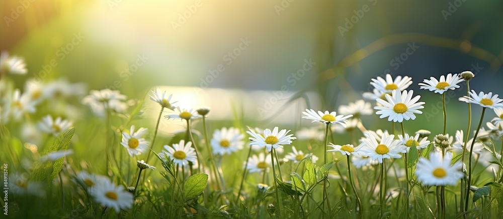 Sticker Daisy in the field of meadows an oasis of green. Creative banner. Copyspace image