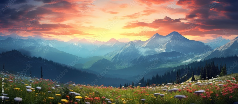 Poster sunrise on the top of mountains with wildflowers in the foreground. creative banner. copyspace image