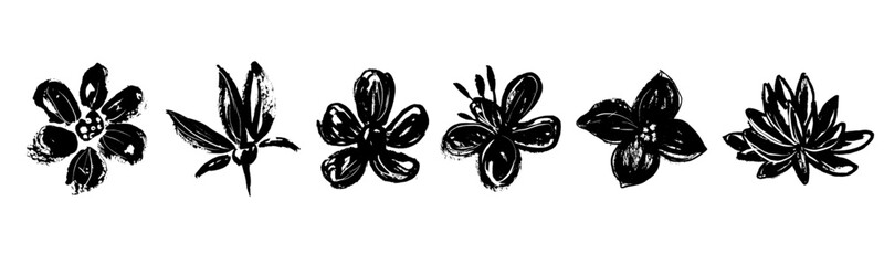 Collection of retro flower heads. Silhouettes of hand drawn artistic florals in black ink. Vintage botanical herbs