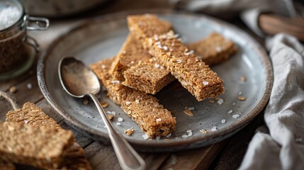 Crispy bran sticks on a plate with a spoon placed on a wooden table
