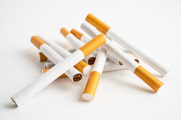 Cigarette, tobacco in roll paper with filter tube, No smoking concept.