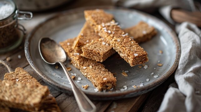 Crispy bran sticks on a plate with a spoon placed on a wooden table