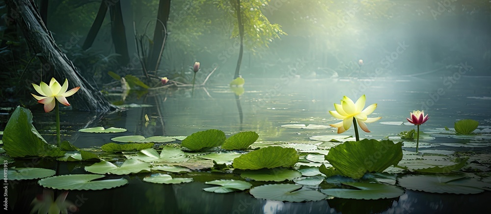 Poster beautiful lotus leaf background in the pond. creative banner. copyspace image
