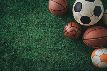 Various sports balls, including football, soccer, basketball, and others, scattered on green grass, copy space