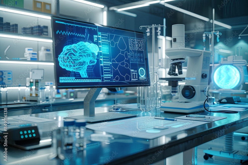Poster a modern medical laboratory with advanced equipment, including a computer displaying ai-powered diag