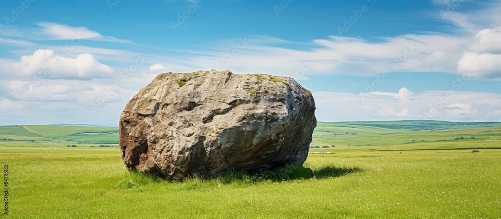 Poster big shimmering stone on a background of blue sky and green grass. creative banner. copyspace image