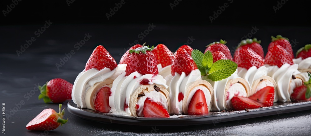 Poster homemade meringue roll garnished with strawberry slices. creative banner. copyspace image