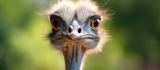 Ostrich in a zoo looks around. Creative banner. Copyspace image
