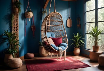 interior design style- reading nook with a hanging rattan chair, cozy floor pouf, and a macrame wall hanging