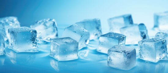 Ice cubes are scattered with water drops scattered on a blue background. Creative banner. Copyspace image