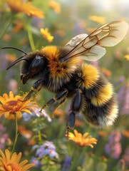 Close up shot of a happy and fuzzy bumblebee with striped body and buzzing wings collecting pollen from a colorful array of blooming flowers in a lush garden or meadow setting