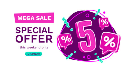 5 percent Special offer mega sale, Check and gift box. Sale banner and poster. Vector illustration.