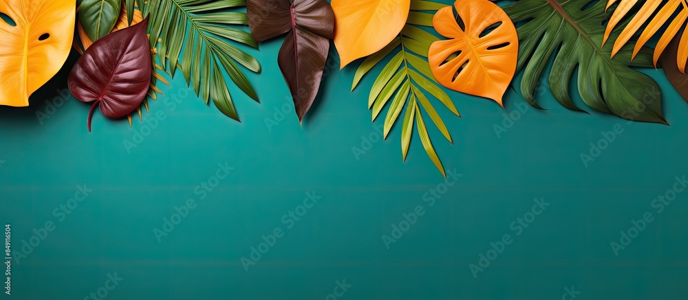 Aufkleber Top view tropical leaves on vibrant background Summer flat lay composition. Creative banner. Copyspace image