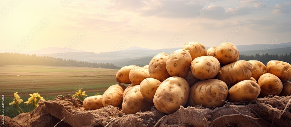 Aufkleber digging up potatoes. creative banner. copyspace image