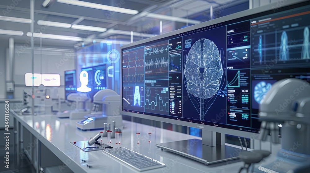 Poster a modern medical laboratory with advanced equipment, showcasing a large screen displaying ai-powered