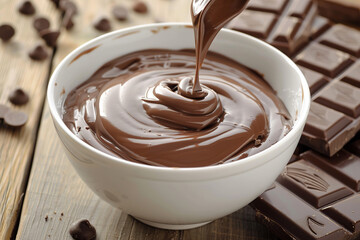 Cocoa sauce flowing to the bowl. Delicious dessert. Popular sweets. World Milk Chocolate Day