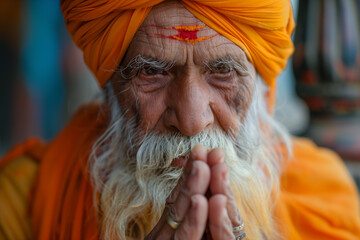 Elderly Buddhist Guru in Saffron Robes Praying in India