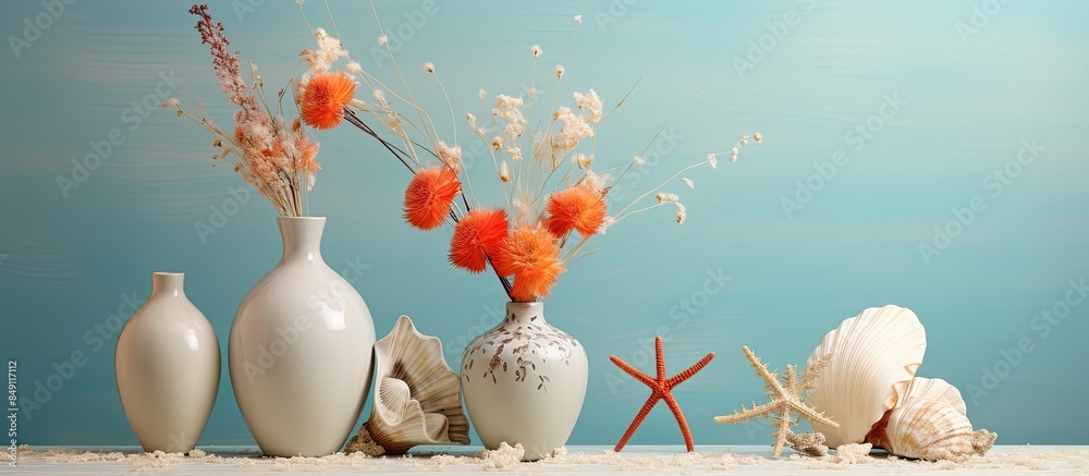 Poster flower vases and shells on the table. creative banner. copyspace image