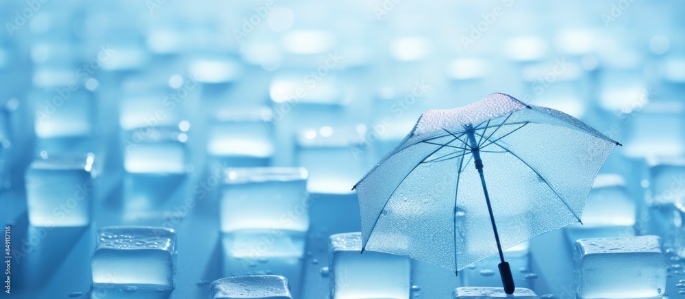 Poster ice cube with umbrella. creative banner. copyspace image