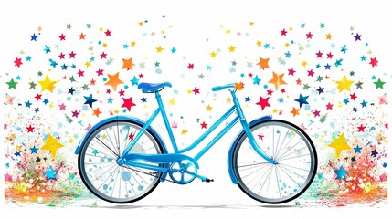 Bicycle: A blue bicycle on a white background, with colorful stars dancing around its frame