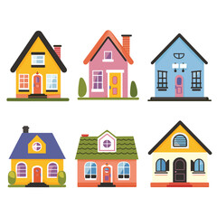 Six cartoon houses colorful facades suburban neighborhood. Different styles architecture simple cozy homes. Cute vector illustrations residential buildings cottages isolated white background