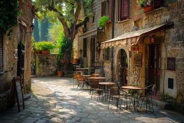 Obraz premium Stone Building Cafe Patio With Tables and Chairs in Italy