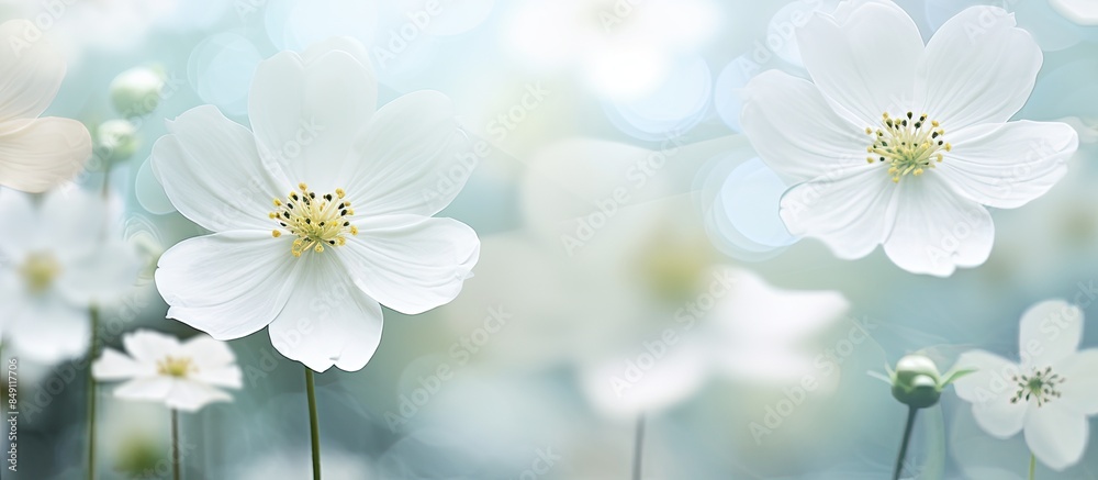 Poster white flowers on bokeh background. creative banner. copyspace image