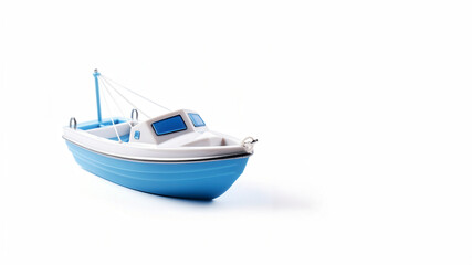 Naklejka premium Bright blue mini fishing boat with white deck, perfect for nautical-themed decor or toy collection, isolated on a white background.