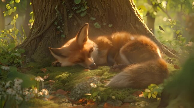 A cute fox is seen sleeping peacefully in the middle of nature near a tree. The fox, with its soft, russet fur and bushy tail curled around its body, rests under the shade of a large, ancient oak.