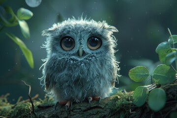 Baby Owl: A wide-eyed baby owl, perched on a tree branch, with its fluffy feathers ruffled and the moon in the background. 