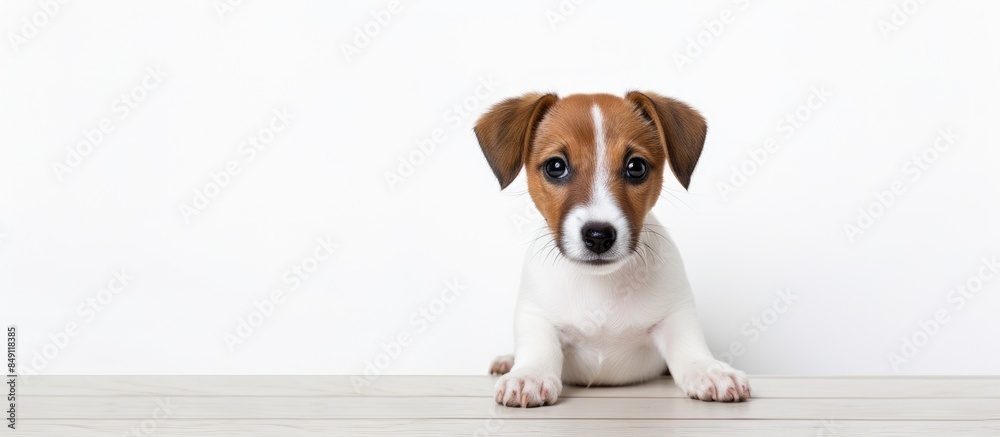 Poster mix breed dog looking to the camera labrador puppy photo studio session. creative banner. copyspace 