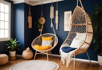 interior design style- reading nook with a hanging rattan chair, cozy floor pouf, and a macrame wall hanging