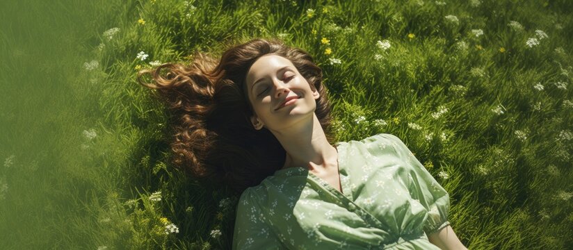 Happy young woman lying on green grass Warm spring Summer. Creative banner. Copyspace image