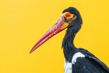 Fototapeta premium Saddle-Billed Stork on Bright Yellow Background, Vibrant Bird Portrait