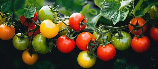 Obraz premium tomato plants with small ripening fruits in shades of green yellow orange and red 3194. Creative banner. Copyspace image