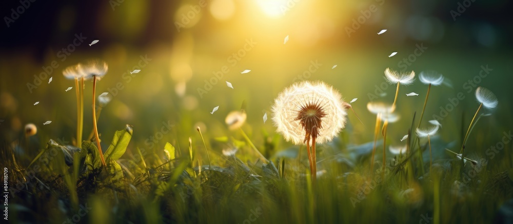 Aufkleber the big dandelion plant on the grass in the glare of light. creative banner. copyspace image