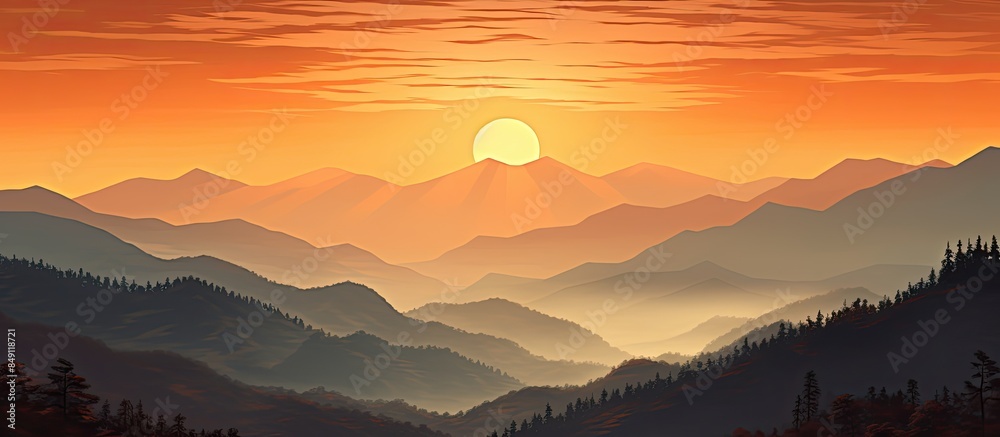 Poster sunset behind distant hill range. creative banner. copyspace image