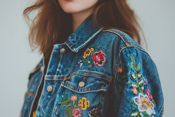Hand embroidered jeans denim jacket on a woman. Hand crafted decorated denim jacket with sequins and beads.