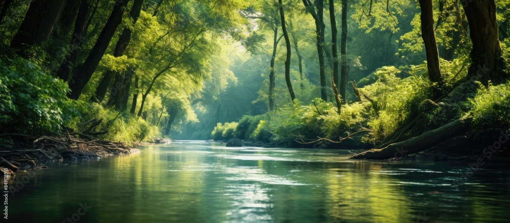 Poster tress in the forest with river. creative banner. copyspace image